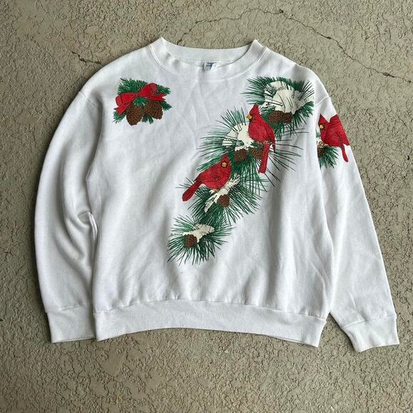 Vintage 90s Winter Cardinals Pine Tree White Crewneck Sweater. Sz M - Picture 1 of 3
